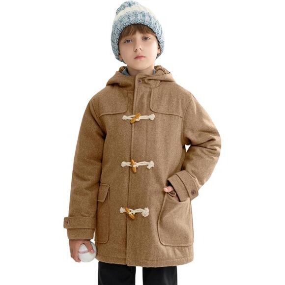 Boys Winter Wool Coat Dress Peacoat Kids Heavy Sherpa Jacket Hooded Windproof - Picture 1 of 7
